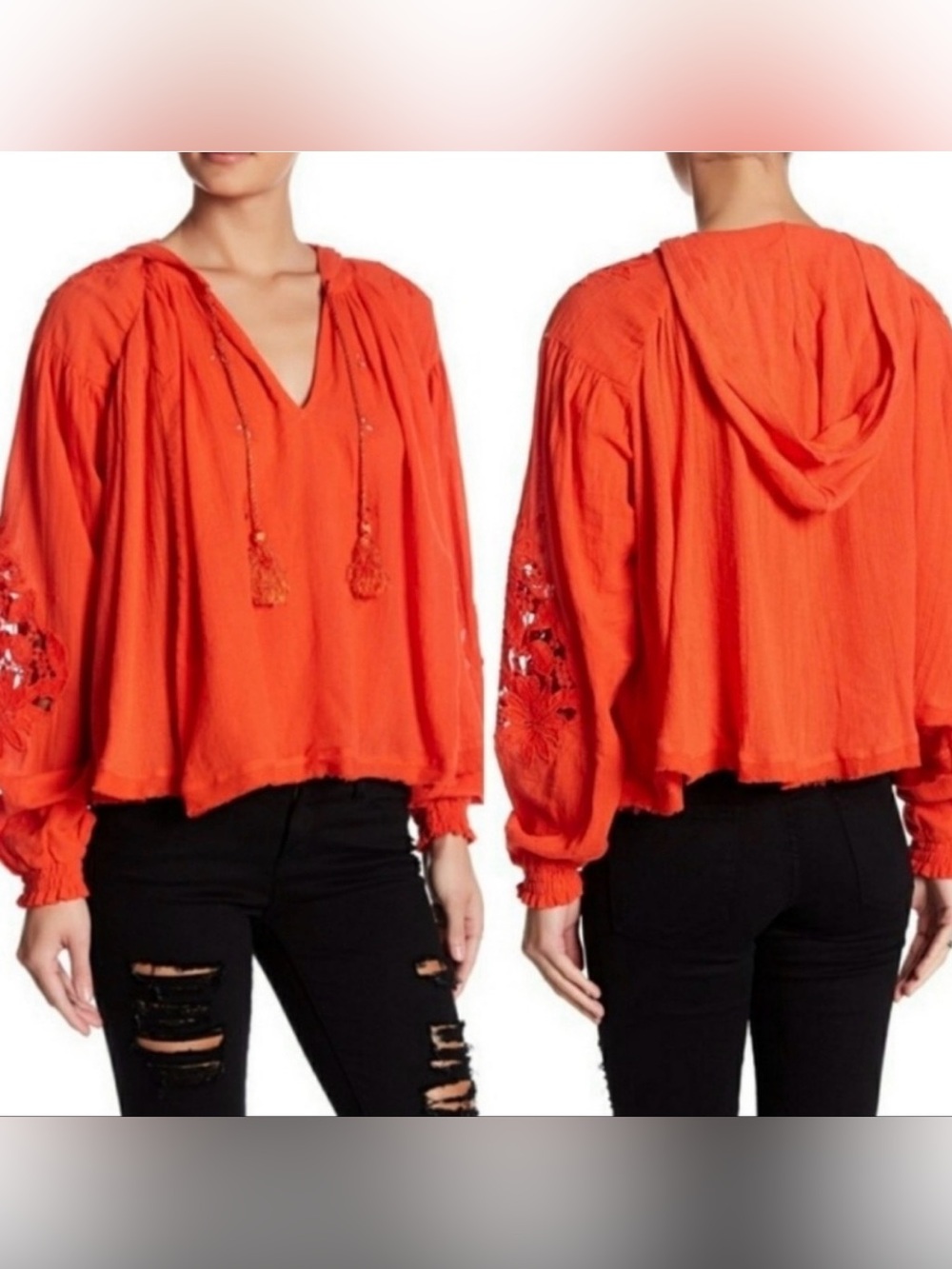 Free People Red/Crimson/Orange Embroidered Eyelet Hooded Tassel Boho Tunic Top